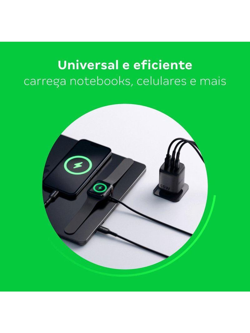 Carregador Ultrarrápido 65w Com 3 Portas Usb 1 Usb-a + 2 Us