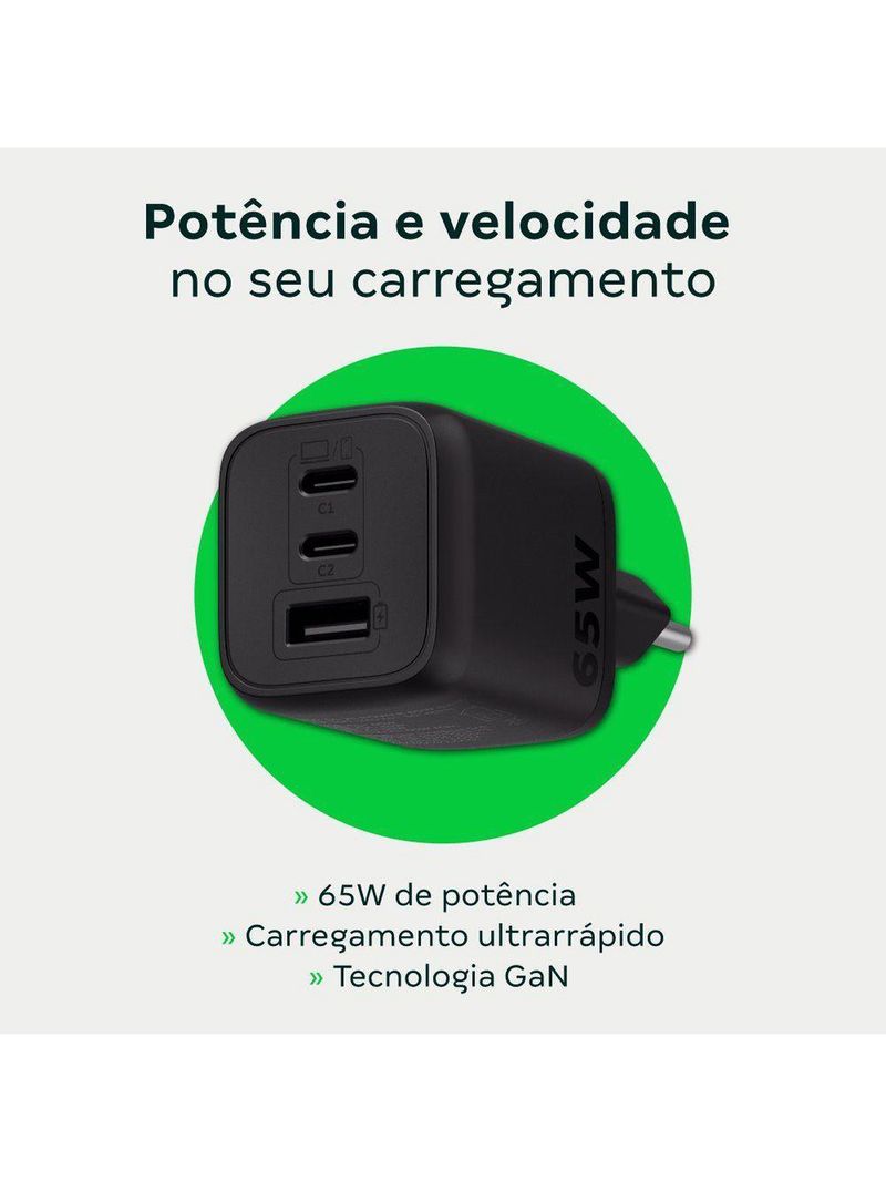 Carregador Ultrarrápido 65w Com 3 Portas Usb 1 Usb-a + 2 Us