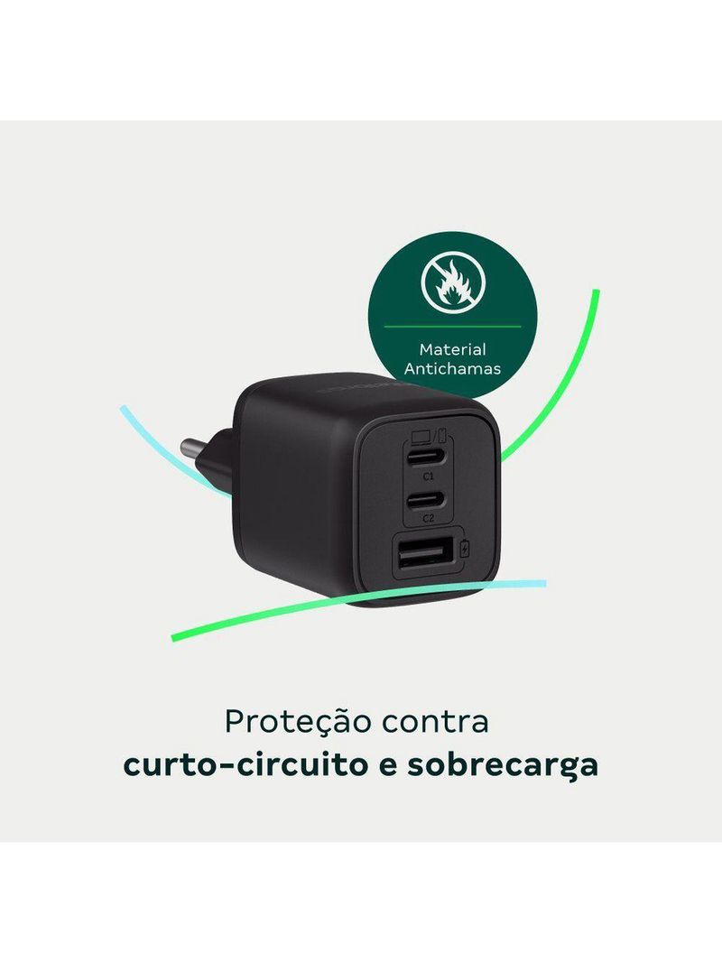 Carregador Ultrarrápido 65w Com 3 Portas Usb 1 Usb-a + 2 Us