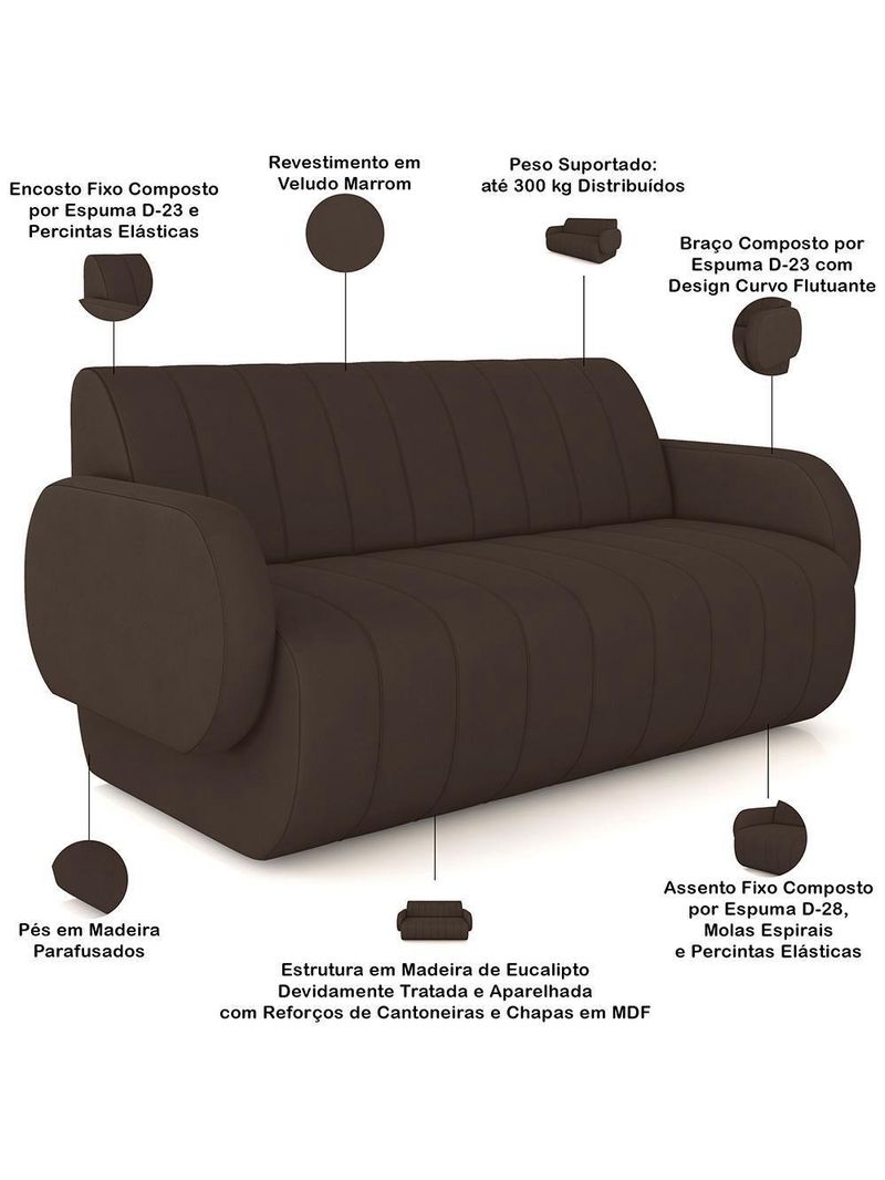 Sofá 2 Lugares Sala Living Orgânico 168cm Fávara K01 Veludo Marrom - Lyam Decor