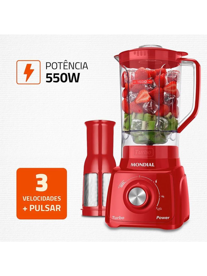 Liquidificador mondial turbo power l99-fr 2,2l 500w 3 velocidades vermelho