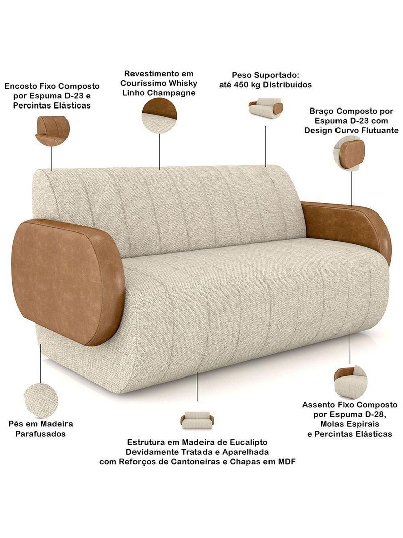 Sofá 3 Lugares Sala Living Orgânico 188cm Fávara K01 Couríssimo Whisky Linho Champanhe - Lyam Decor