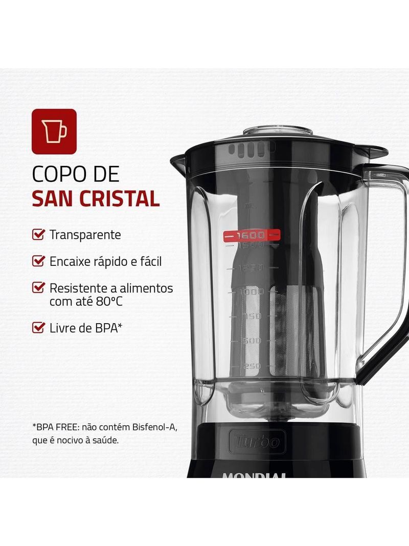 Liquidificador mondial turbo power l-99 fb copo san cristal 3 velocidades 550w preto