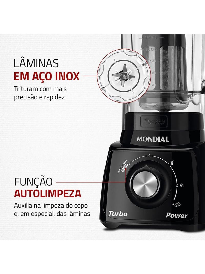 Liquidificador mondial turbo power l-99 fb copo san cristal 3 velocidades 550w preto