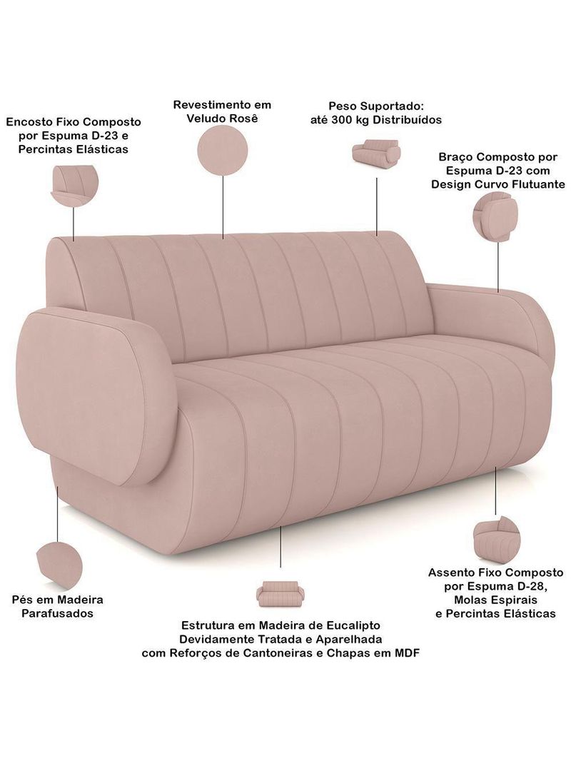Sofá 2 Lugares Sala Living Orgânico 148cm Fávara K01 Veludo Rosê - Lyam Decor