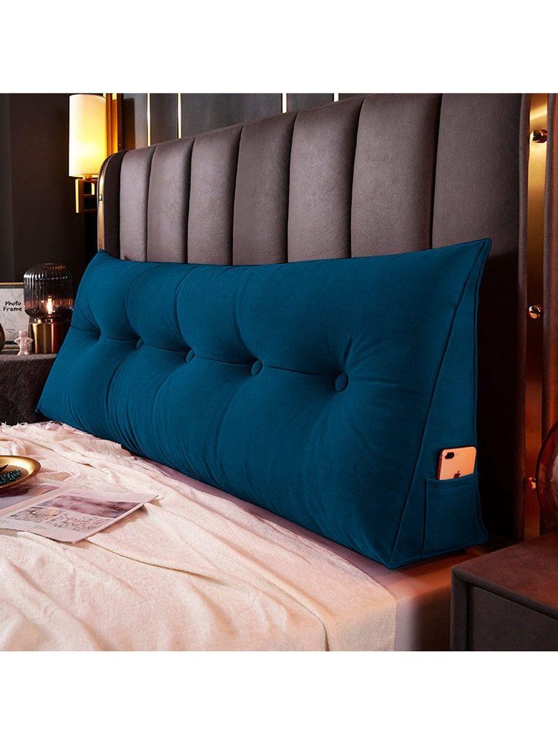 Almofada Para Cabeceira Encosto Apoio Lombar Spot 160cm Com Porta Celular Suede - Abmaza Azul