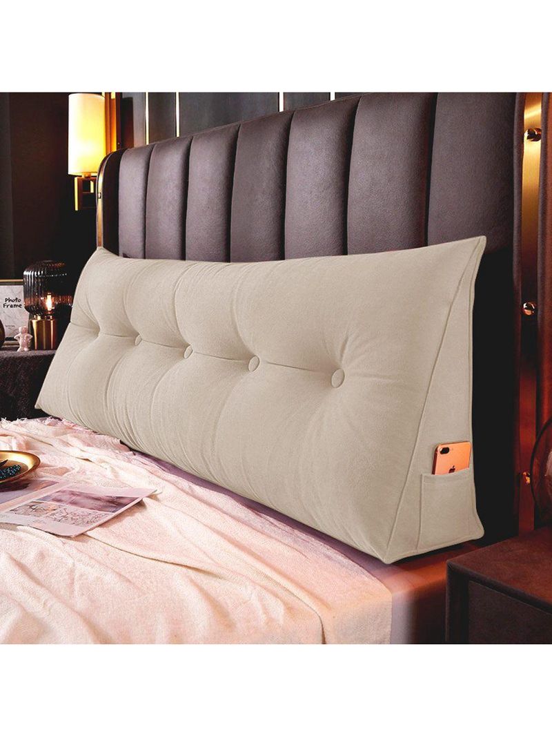 Almofada Para Cabeceira Encosto Apoio Lombar Spot 195cm Com Porta Celular Suede - Abmaza Cor Bege