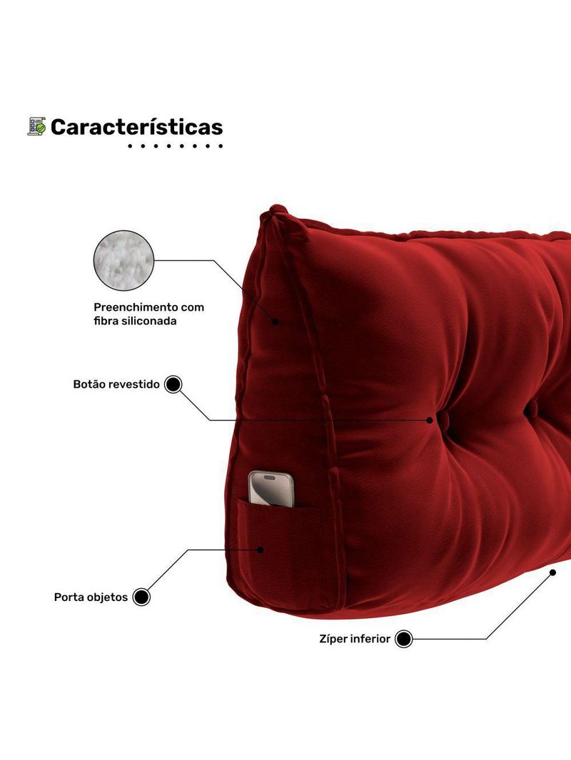 Almofada Para Cabeceira Encosto Apoio Lombar Spot 195cm Com Porta Celular Veludo - Abmaza Vermelho