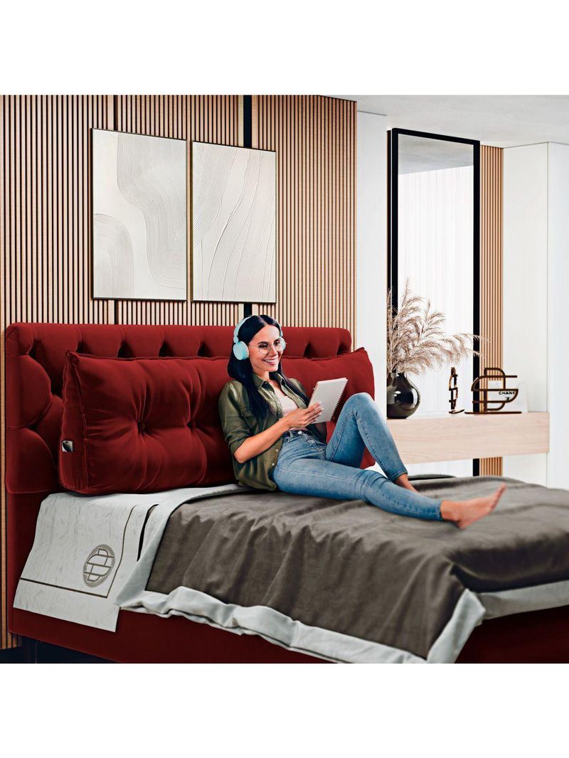 Almofada Para Cabeceira Encosto Apoio Lombar Spot 195cm Com Porta Celular Veludo - Abmaza Vermelho