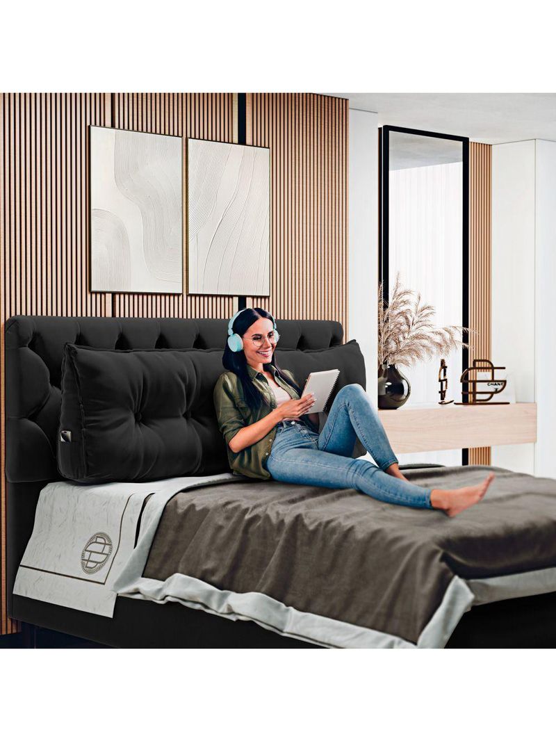 Almofada Para Cabeceira Encosto Apoio Lombar Spot 195cm Com Porta Celular Veludo - Abmaza Cor Preto
