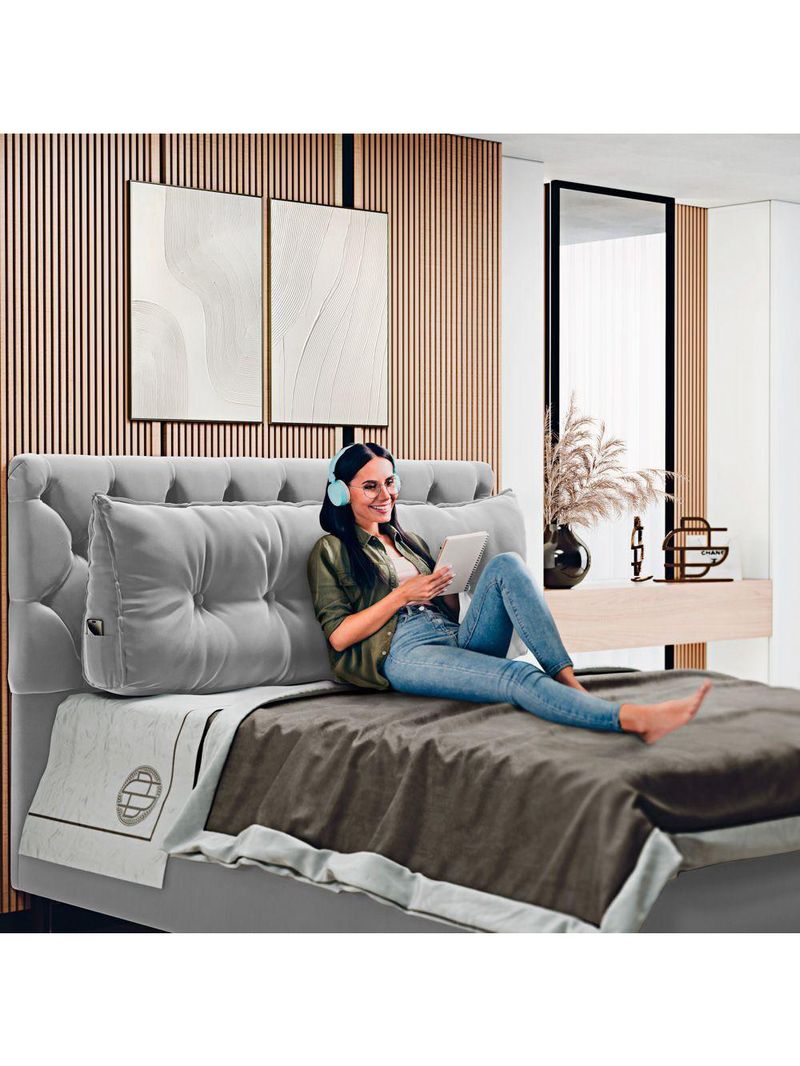 Almofada Para Cabeceira Encosto Apoio Lombar Spot 195cm Com Porta Celular Veludo - Abmaza Cinza