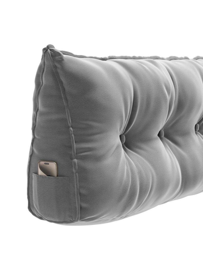 Almofada Para Cabeceira Encosto Apoio Lombar Spot 195cm Com Porta Celular Veludo - Abmaza Cinza