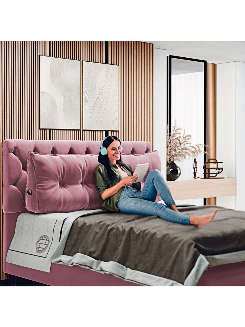 Almofada Para Cabeceira Encosto Apoio Lombar Spot 195cm Com Porta Celular Veludo - Abmaza Cor Rosa