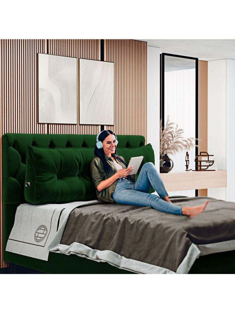 Almofada Para Cabeceira Encosto Apoio Lombar Spot 195cm Com Porta Celular Veludo - Abmaza Verde
