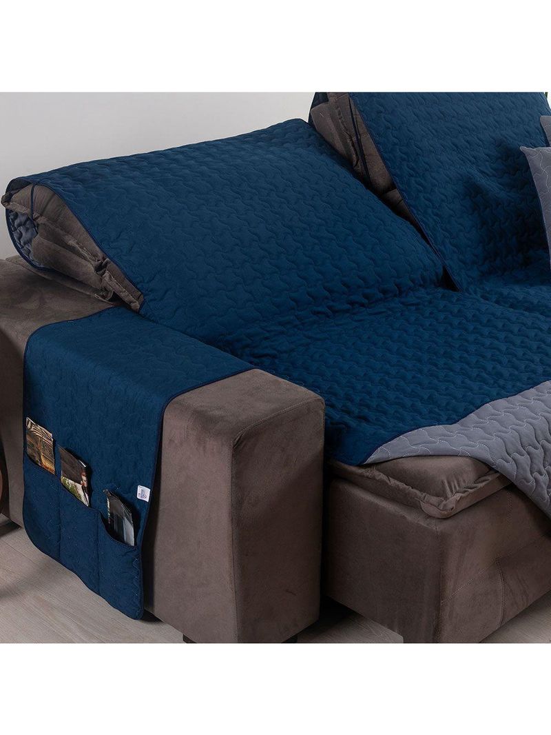 Protetor De Sofá Assento 1,80m Retrátil Shield Dupla Face Hipercal 400 Fios 100% Poliéster - Marinho/cinza