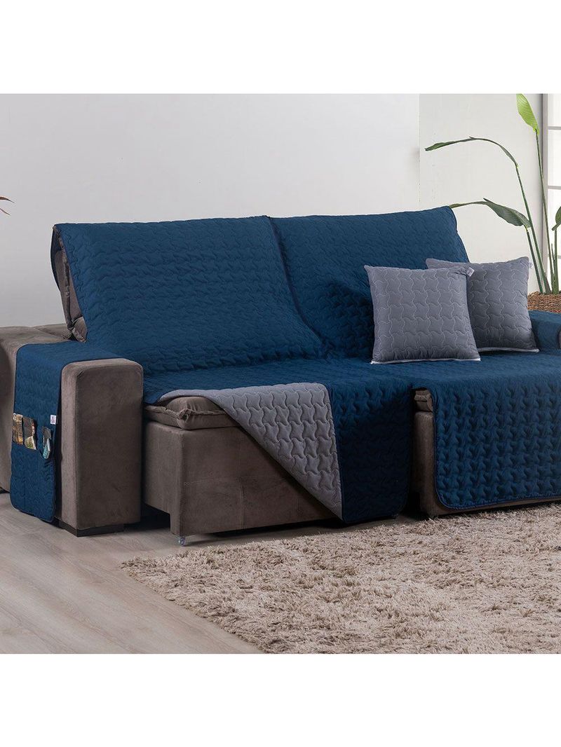 Protetor De Sofá Assento 2,40m Retrátil Shield Dupla Face Hipercal 400 Fios 100% Poliéster - Marinho/cinza