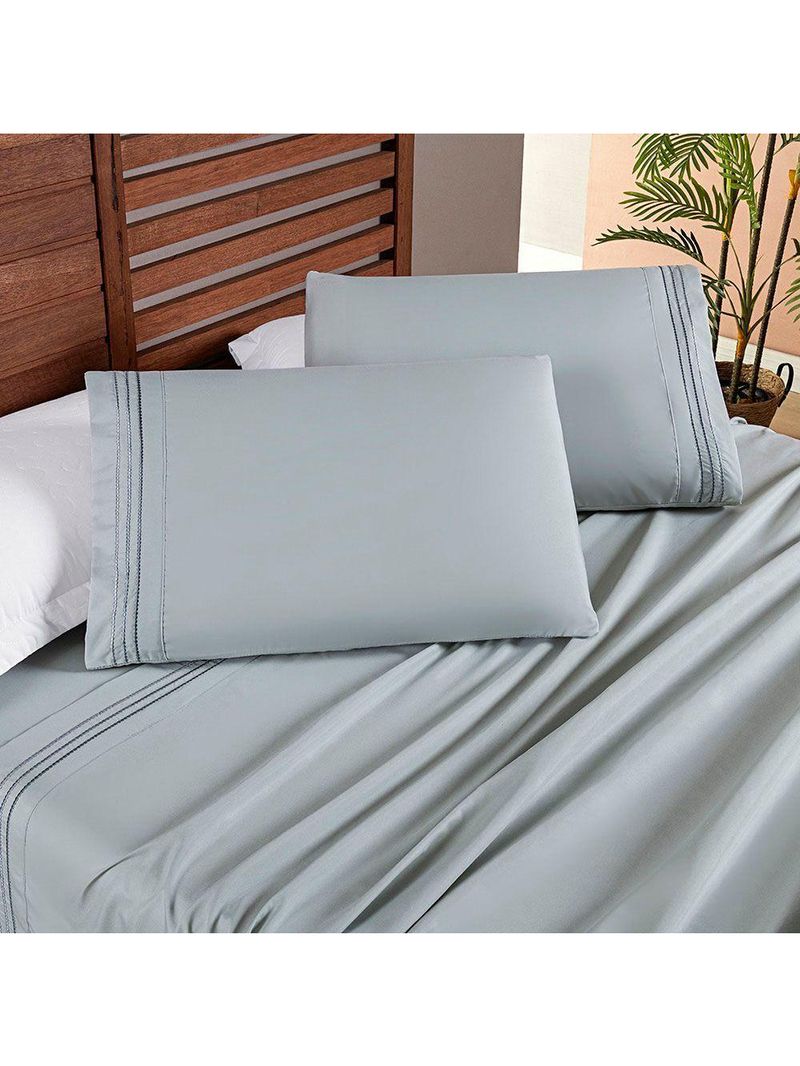 Jogo Cama Lençol Honore King Micro Percal 200 Fios C/ Detalhes Bordados 4 Peças - Cinza Geada