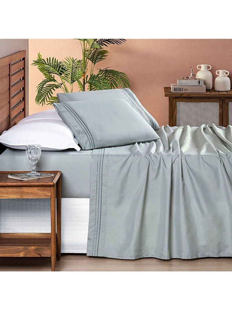 Jogo Cama Lençol Honore King Micro Percal 200 Fios C/ Detalhes Bordados 4 Peças - Cinza Geada