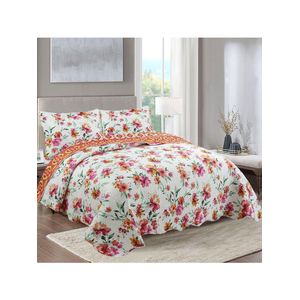 Kit Cobre Leito Colcha Casa Scarpa Mix Queen Estampado Dupla Face Floral 3 Peças - Lilian - Laranja