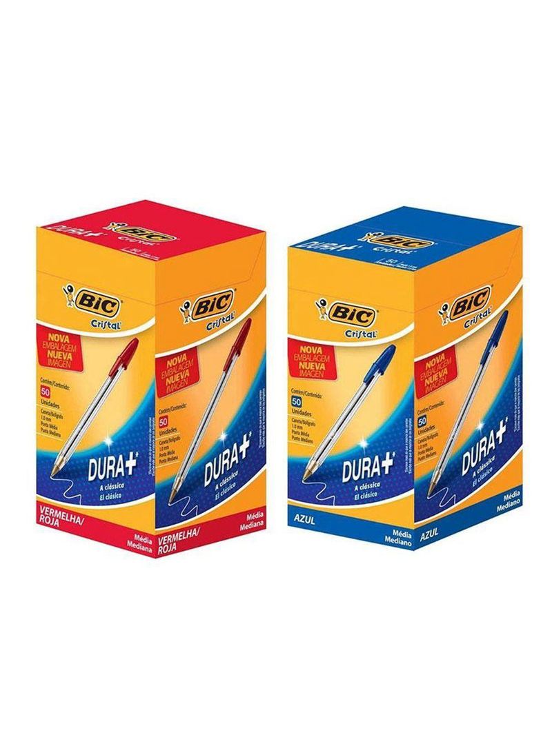 Kit Caixa De Caneta Esferográfica Cristal 10mm 100 Unidades Azul E Vermelho - Bic