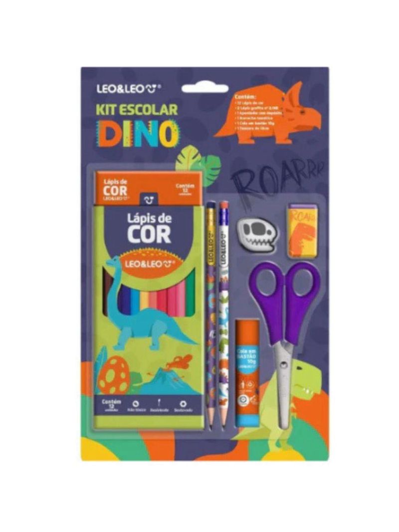 Kit Material Escolar Infantil Lápis De Cor Leo & Leo Jardim 7 Peças Dinossauro