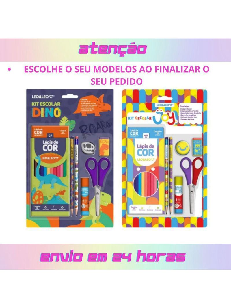 Kit Material Escolar Infantil Lápis De Cor Leo & Leo Jardim 7 Peças Dinossauro