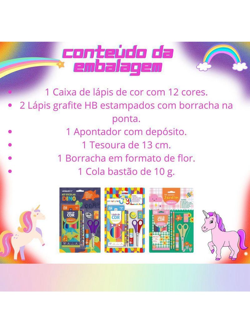 Kit Material Escolar Infantil Lápis De Cor Leo & Leo Jardim 7 Peças Smille
