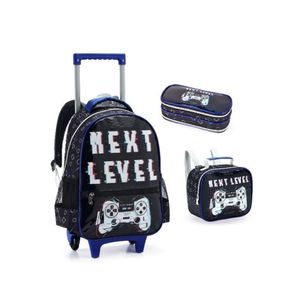 Kit Mochila Rodinha Estojo Lancheira Escolar Infantil Next Level Game Denlex