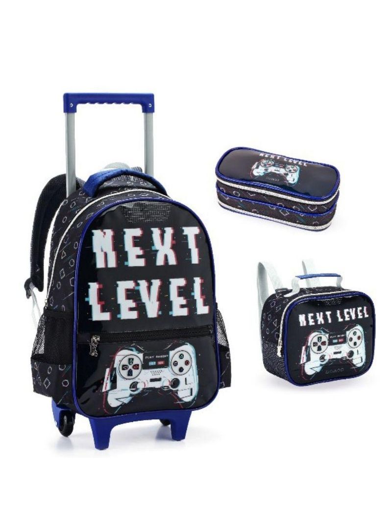 Kit Mochila Rodinha Estojo Lancheira Escolar Infantil Next Level Game Denlex