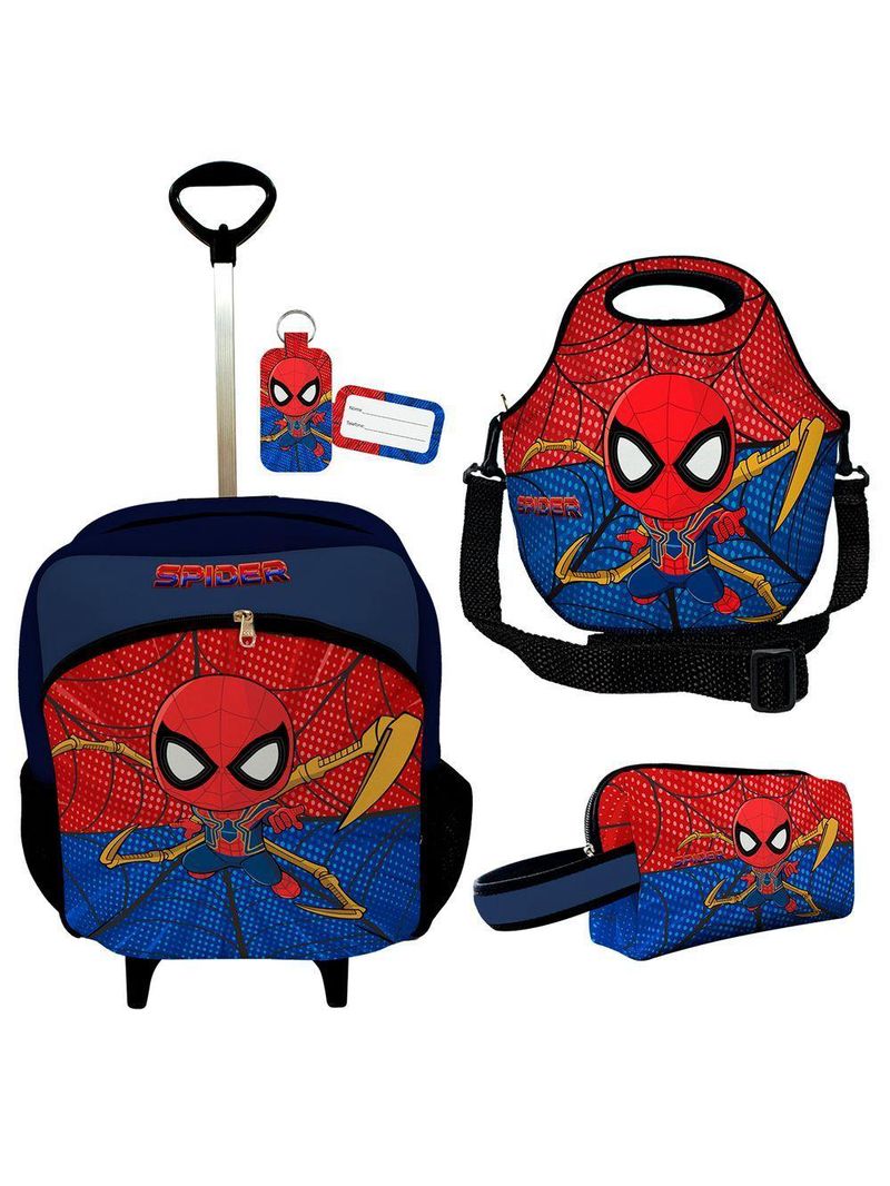 Kit Mochila r Infantil Rodinhas Lancheira Estojo Isoprene Menino Aranha