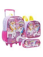 Mochila Rodinhas Unicórnio Arco íris Lancheira Estojo Rosa Infantil Xeryus