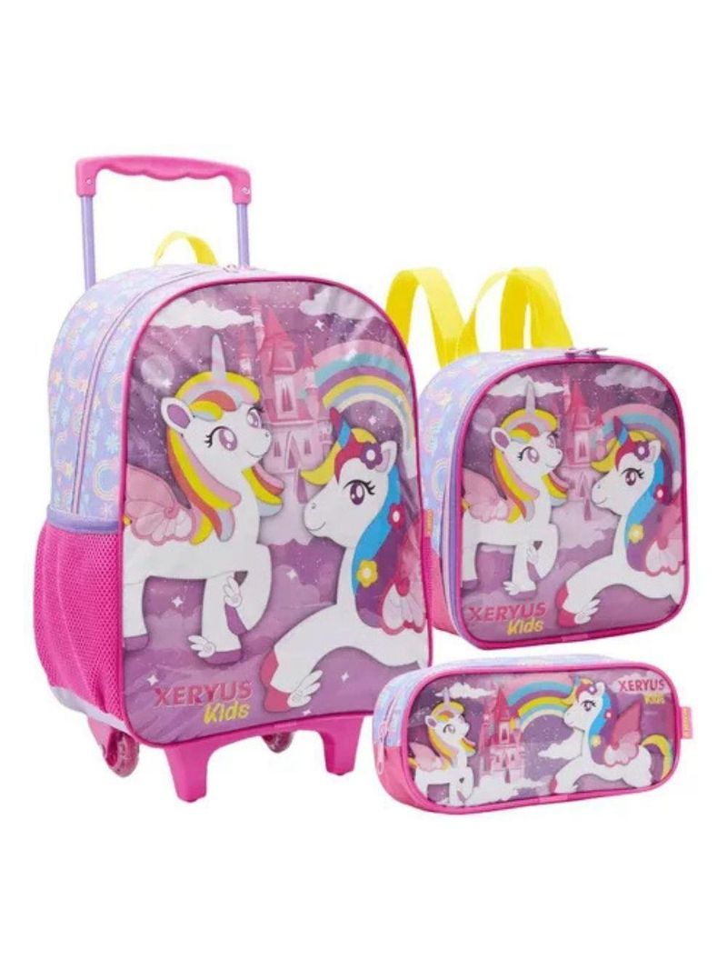 Mochila Rodinhas Unicórnio Arco íris Lancheira Estojo Rosa Infantil Xeryus