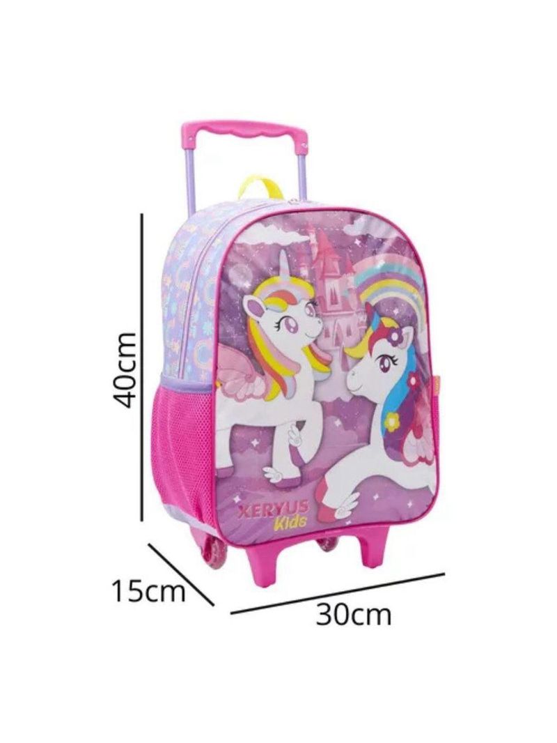 Mochila Rodinhas Unicórnio Arco íris Lancheira Estojo Rosa Infantil Xeryus