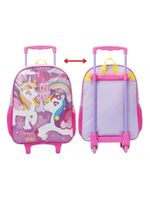 Mochila Rodinhas Unicórnio Arco íris Lancheira Estojo Rosa Infantil Xeryus