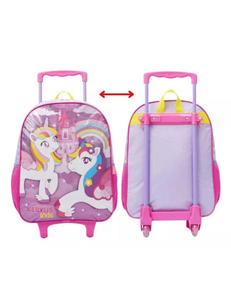 Mochila Rodinhas Unicórnio Arco íris Lancheira Estojo Rosa Infantil Xeryus
