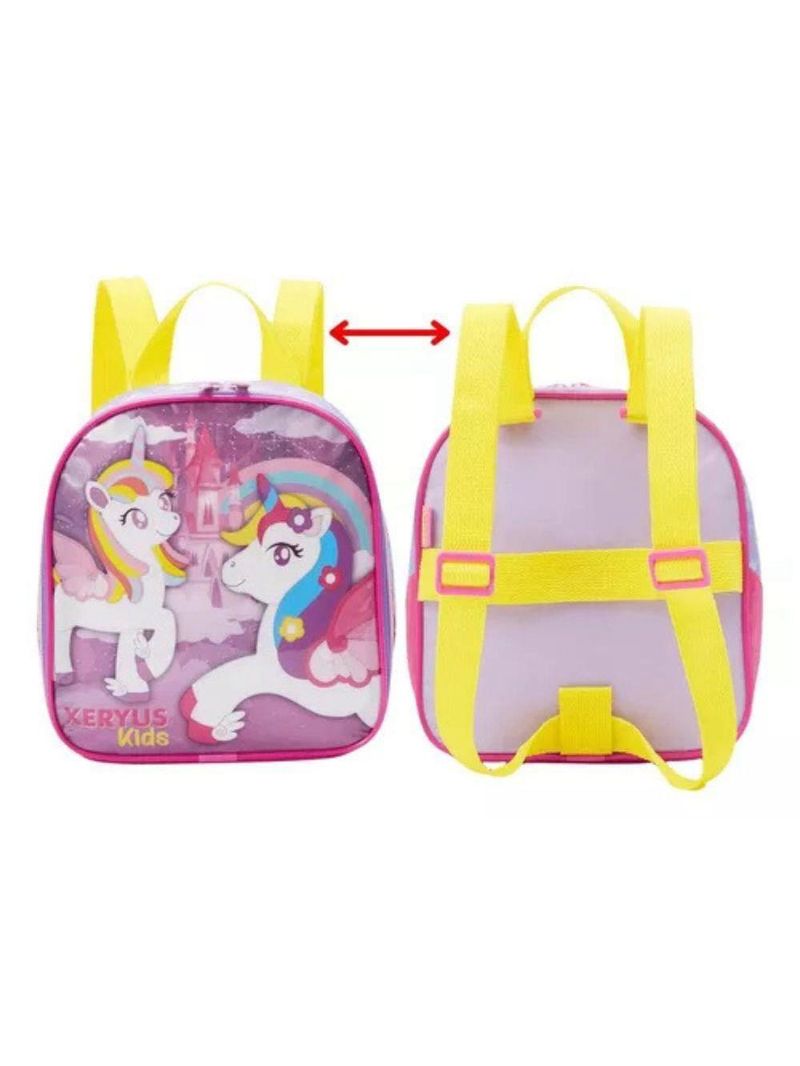 Mochila Rodinhas Unicórnio Arco íris Lancheira Estojo Rosa Infantil Xeryus