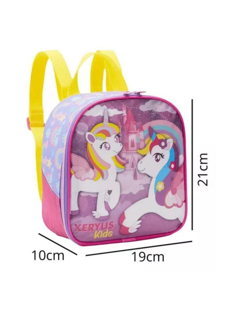 Mochila Rodinhas Unicórnio Arco íris Lancheira Estojo Rosa Infantil Xeryus