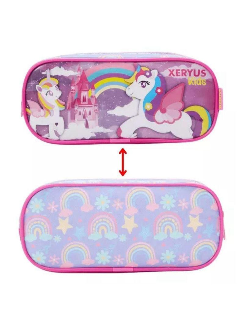 Mochila Rodinhas Unicórnio Arco íris Lancheira Estojo Rosa Infantil Xeryus