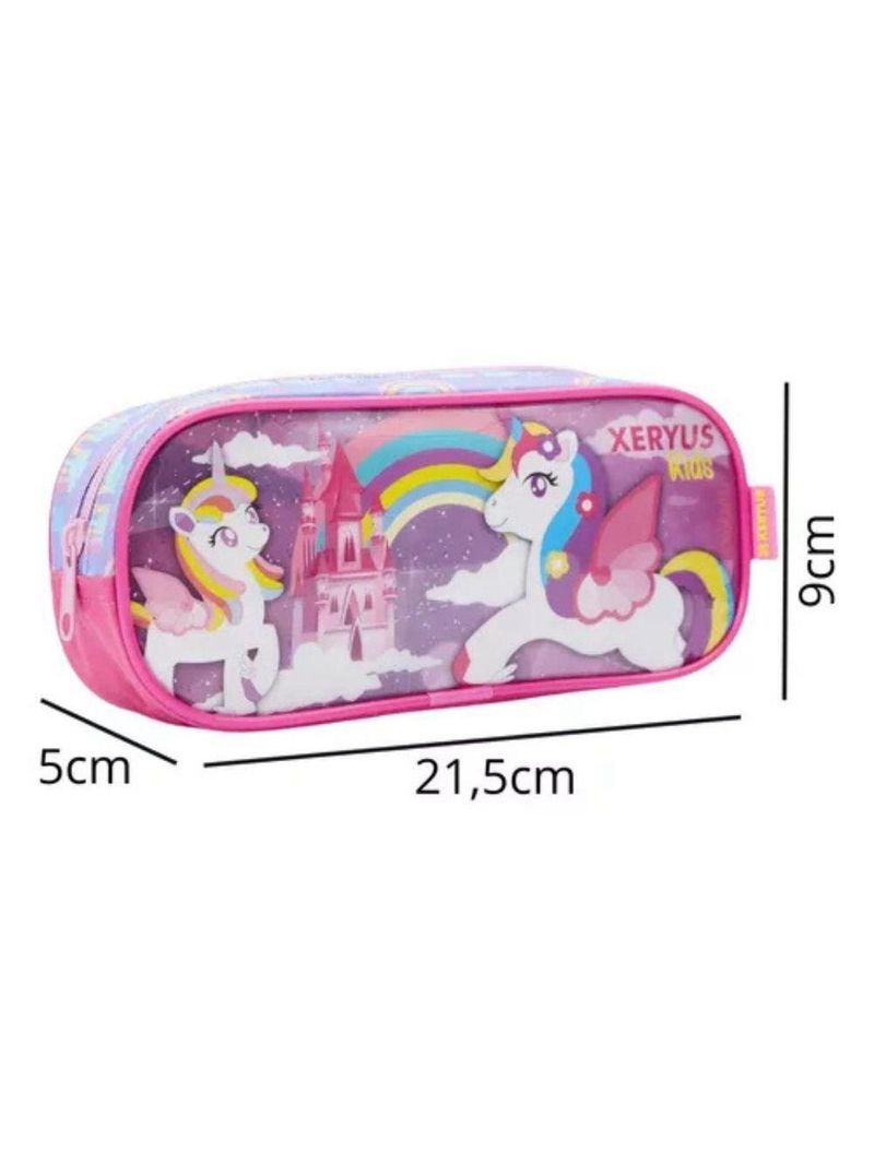 Mochila Rodinhas Unicórnio Arco íris Lancheira Estojo Rosa Infantil Xeryus