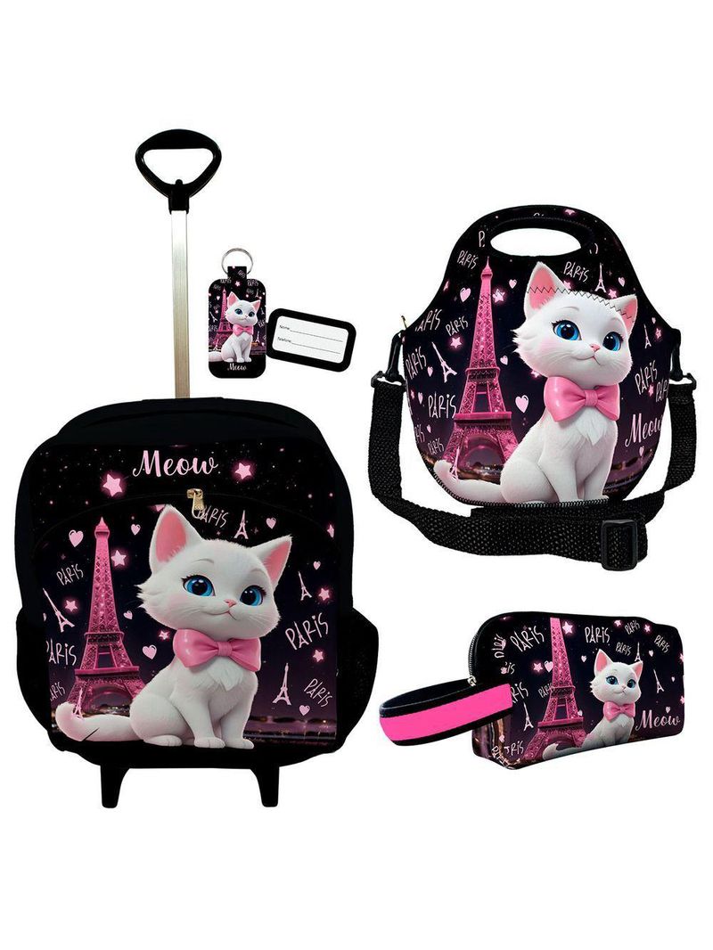 Kit Mochila r Infantil Rodinhas Lancheira Estojo Isoprene Gatinha Paris