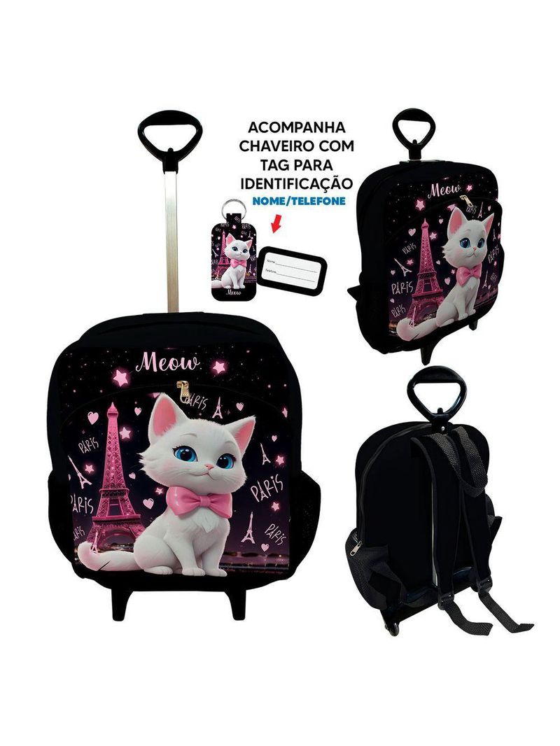 Kit Mochila r Infantil Rodinhas Lancheira Estojo Isoprene Gatinha Paris