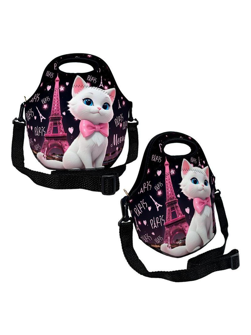Kit Mochila r Infantil Rodinhas Lancheira Estojo Isoprene Gatinha Paris