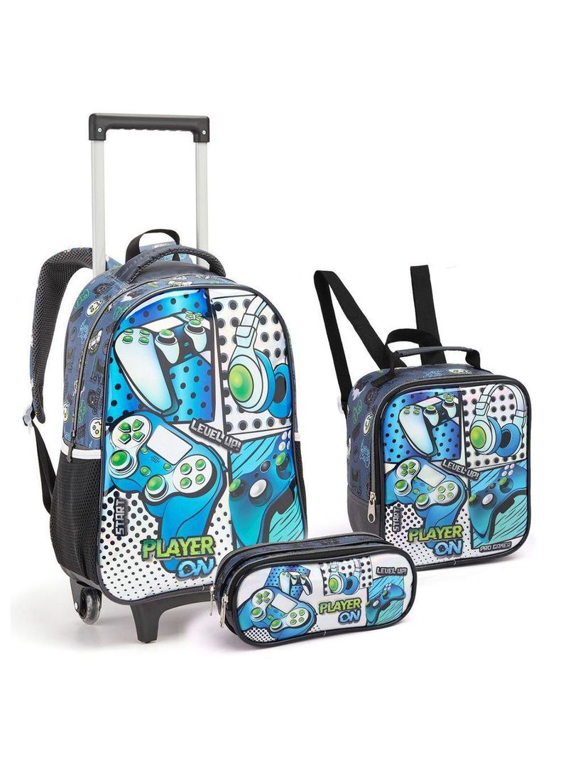 Kit Mochila Rodinhas Lancheira Estojo Infantil Gamer Player On Escolar Jogos Video Game Seanite