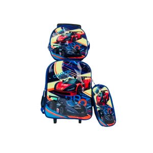 Kit Mochila Infantil Meninos Com Rodinhas Carros Escolar Estojo Lancheira Térmica Bolsa Carrinho