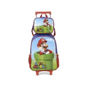 Kit Mochila Rodinha Lancheira Inantil Escolar Menino Super Mario Bros Cano Vermelho