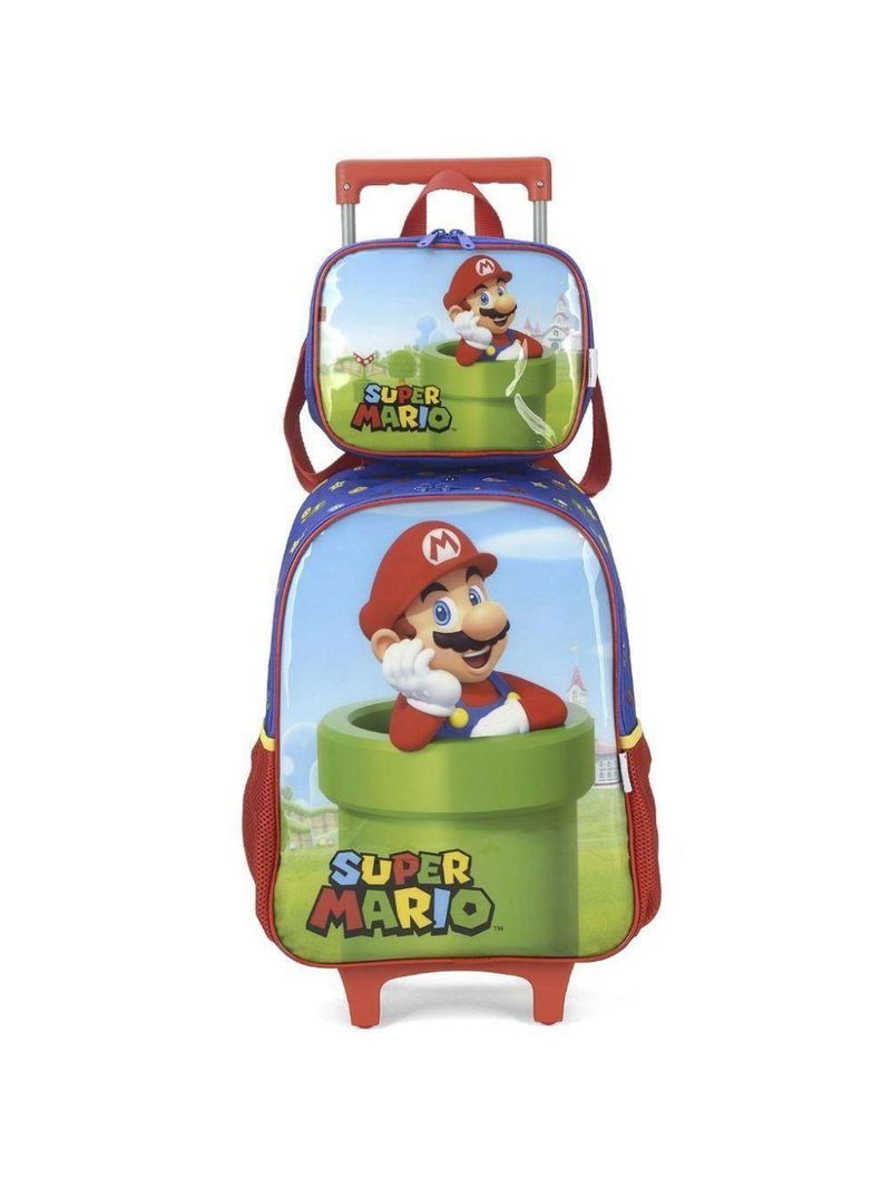 Kit Mochila Rodinha Lancheira Inantil Escolar Menino Super Mario Bros Cano Vermelho