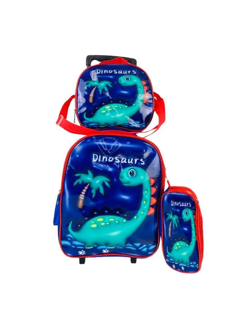 Kit Mochila Infantil Com Rodinhas Meninos Bolsa Escolar Dinossauro + Estojo + Lancheira Térmica Dino