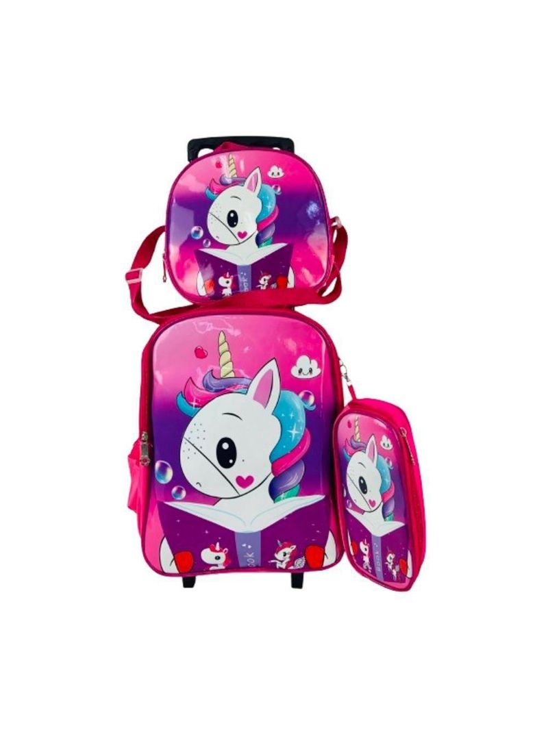 Kit Mochila De Carrinho Infantil Escolar: Estojo + Lancheira Térmica + Bolsa Impermeável Unicórnio Rosa