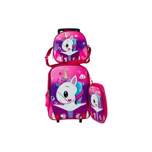 Kit Mochila Infantil Com Rodinhas Meninas Unicórnio Escolar: Estojo + Lancheira Térmica + Bolsa Carrinho