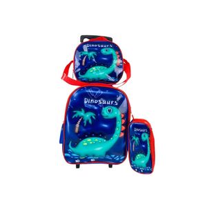 Mochila Infantil Com Rodinhas Kit Bolsa Estojo E Lancheira Escolar Carrinho Impermeavel Dinossauro